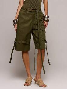 MUSERA Stitching Detail Wide Leg Cargo Jorts Spring Summer Sexy Date Night Club Festival Holiday Night Out Vacation Soul Ties - Army Green - View 2