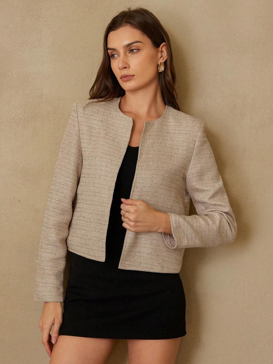 Revavyn Áo khoác blazer dài tay cổ tròn chất liệu tweed dành cho nữ, phù hợp cho việc đi làm hàng ngày. - Màu Khaki - Xem 1