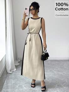 Siren Gaze Women's Contrast Trim Round Neck Twist Front Sleeveless Ankle Length Dress,Black And Beige,Summer,Elegant,Tea Party Casual Fashion Long - Multicolor - View 3