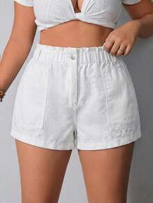 SHEIN Clasi Plus Size Summer Casual Solid Color Elastic Waist Big Pocket Denim Shorts - White - View 1