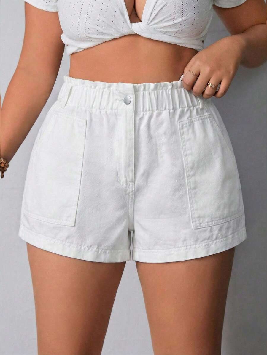 SHEIN Clasi Plus Size Summer Casual Solid Color Elastic Waist Big Pocket Denim Shorts - White - View 1