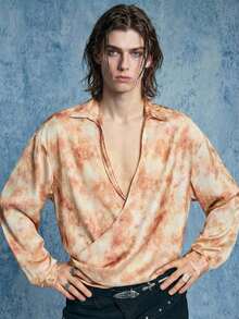 ROMWE MEN Street Life Men's Tie-Dye Print Wrap Collar Shirt - Brown - View 9