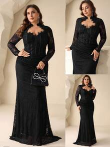 Coutiva 大码立领蕾丝长袖及地正式晚礼服（缀饰繁复） - 黑色 - 查看 4