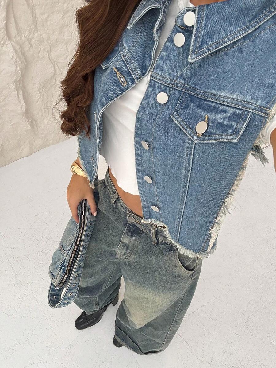 TRNVIE Women's Casual Retro Single-Breasted Frayed Hem Denim Vest, Summer - Medium Wash - View 1
