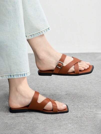 CUCCOO BIZCHIC Spring And Summer New Outdoor Women's Flat Bottom Square Toe Simple Metal Buckle Camel Sandals Women's Thick Sole Non-Slip Casual Versatile Beach Slippers Summer Shoes