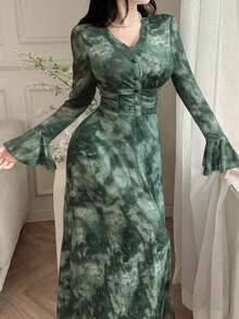 Feyla 女士V领喇叭袖修身腰部印花优雅连衣裙 - 綠松石色 - 查看 4