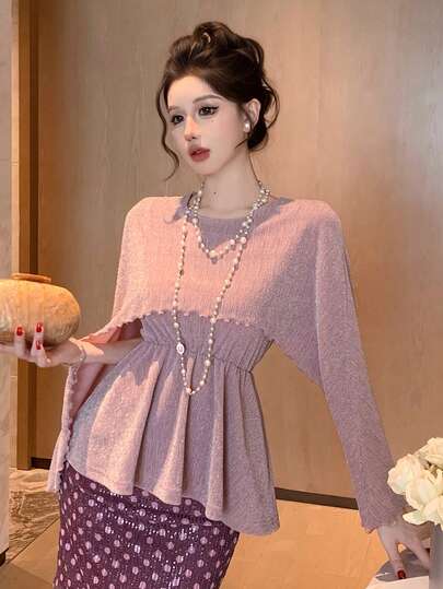 DAZY Women's Elegant Ruffle Collar Waist Fitted Blouse