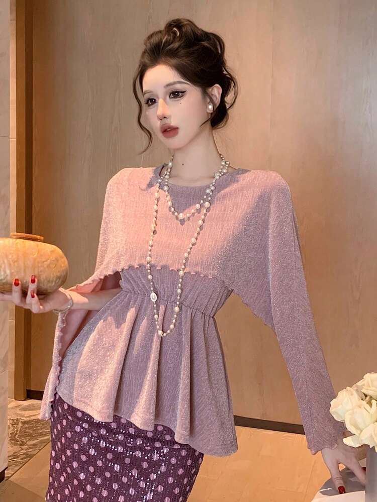 Spring & Summer Shiny Chiffon Flare Sleeve Top, Pink Cover Up With Shawl Collar, Elegant Casual Vacation Wear, Suitable For Valentine's Day, Wedding, Commuting