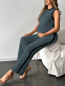 SHEIN Maternity Summer Casual Contrast Trim Asymmetric Hem Ribbed Tank Top And Pants 2 Pieces Set - Dusty Blue - View 5