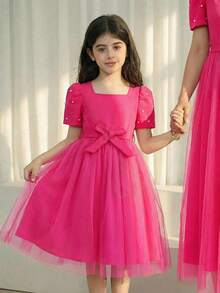 1pc Girls Sweet Princess Style Square Neck Puff Sleeve Dress + Bow Waist Belt Flared Skirt Dress Set, Suitable For Dates And Gatherings In Summer - Hot Pink - View 1