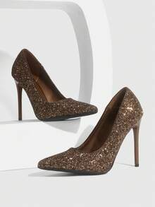 CUCCOO SZL 女士尖头细高跟鞋，浅咖啡色闪亮亮片，优雅时尚，性感迷人，适合派对、宴会、夜总会等各种场合。 - 格麗特香檳 - 查看 1