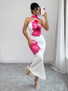 Elenzga Vestido elegante de cuello halter con estampado floral para ir al trabajo - Multicolor - Ver 3