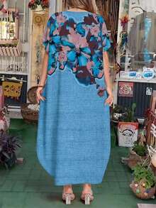EMERY ROSE Vestido tropical de vacaciones con escote en V y dobladillo fruncido, talla grande, ideal para primavera y verano. - Azul - Ver 2