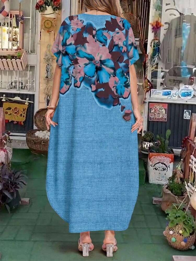 Plus Size V-Neck Ruched Hem Tropical Vacation Dress, Suitable For Spring & Summer