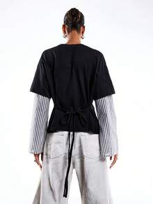 LYSMO 女士条纹拼接收腰长袖休闲T恤 - 藏蓝色 - 查看 2