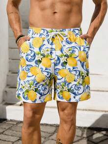 VIVINTIMO Men's Lemon Print Breezy Beach Shorts, Mesh Lining - Multicolor - View 1