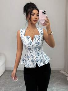 SHEIN Elenzya Áo kiểu không tay cổ chữ V họa tiết hoa thanh lịch, có thắt eo và cài cúc, thích hợp cho kỳ nghỉ. - Xanh và trắng - Xem 5
