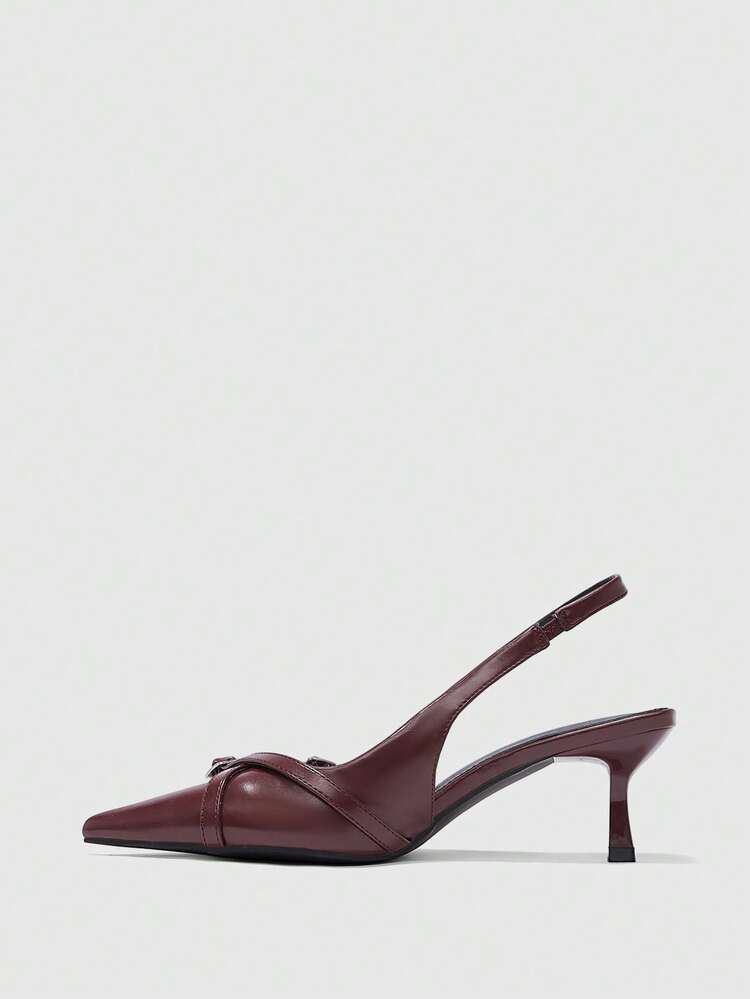 CUCCOO BIZCHIC The Combination Of Burgundy Leather Buckle With Pointed Thin Heels And Tripped Sandals, Retro Capable Style, Burgundy Leather + Metal Buckle Decoration, Not Only Has The Elegance Of Retro Tones, But Also Has A Neat Sense Of Embellishment Details, Suitable For Women Who Prefer Retro Light And Familiar Style, Suitable For Workplace Commuting, Light Business Dating, Autumn And Winter Wear And Other Occasions, Taking Into Account Temperament And Practicality Spring Shoes