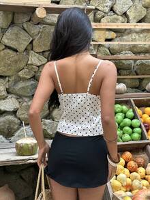 Aloruh Women's Sexy Black Lace Trim Collar Black & White Polka Dot Pattern Bodycon Camisole - Black and White - View 3