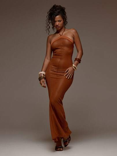 MUSERA Mesh High Neck Fitted Maxi Dress Spring Summer Holiday Vacation Beach Ibiza Festival Party Elegant Divinity