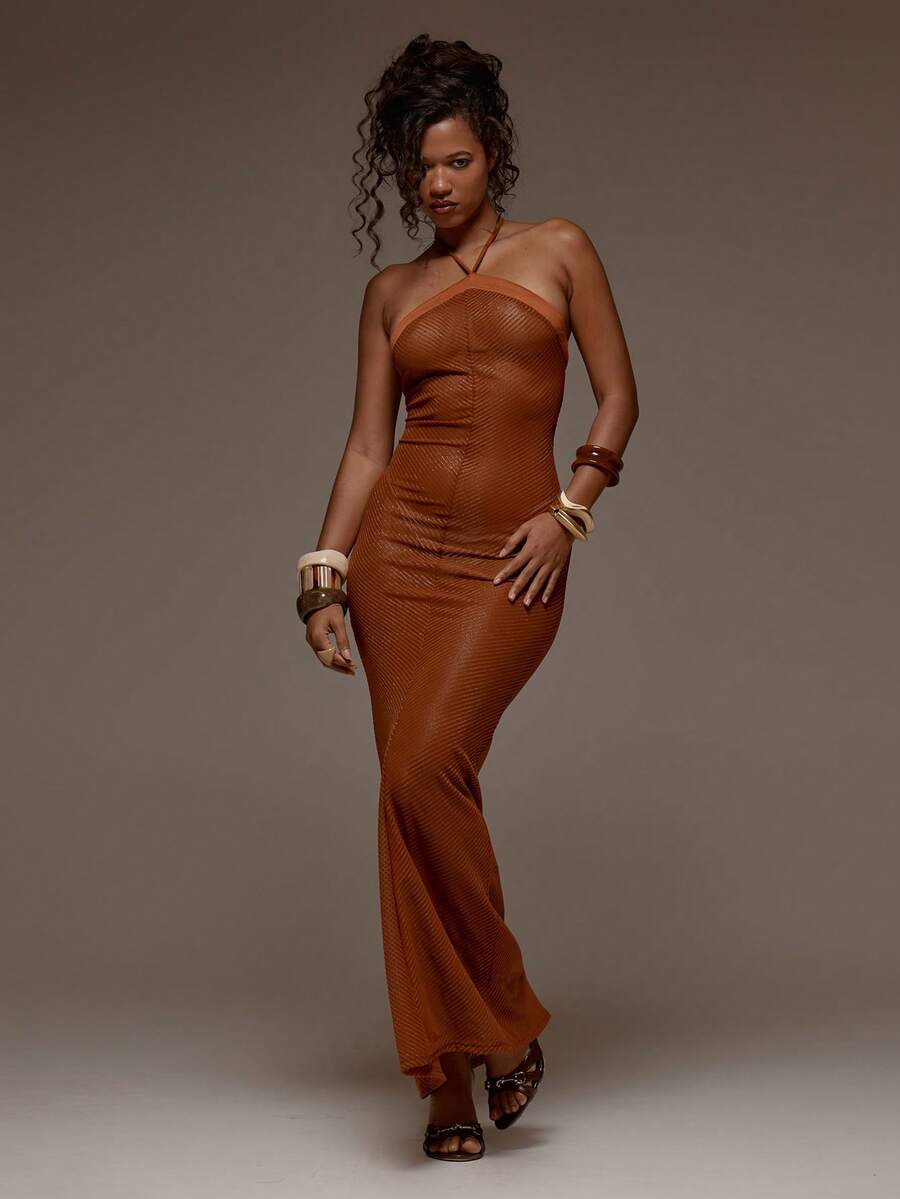 MUSERA Mesh High Neck Fitted Maxi Dress Spring Summer Holiday Vacation Beach Ibiza Festival Party Elegant Divinity - Brown - View 1