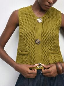 Maija Women's Chunky Knit Sleeveless Cardigan, Spring - Olive Green - View 9