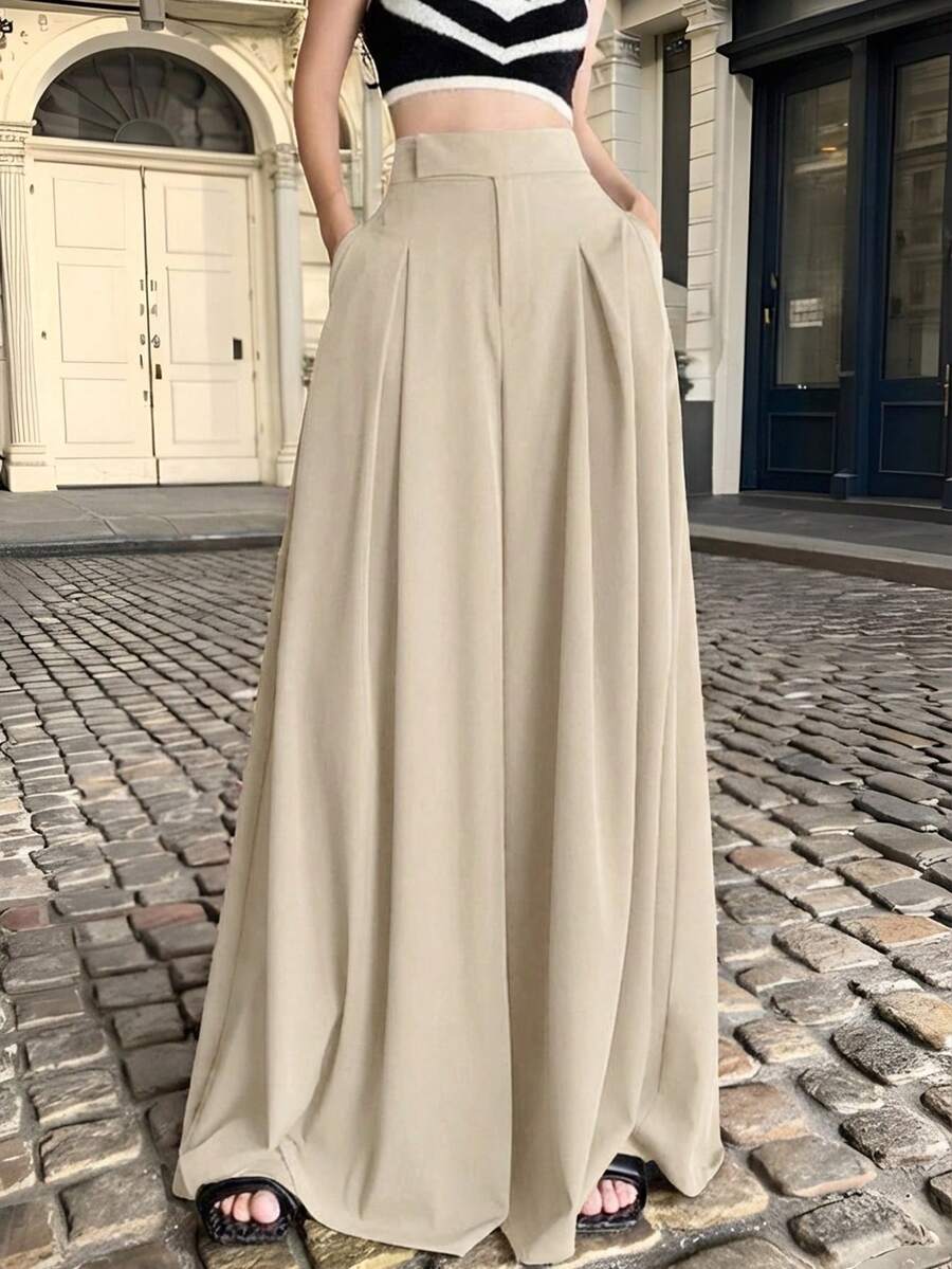 SHEIN EZwear Pantalones anchos plisados de unicolor de talla grande, para primavera/verano - Albaricoque - Ver 1