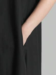 Ontre 2026新款女士夏季纯色V领无袖长款宽松连衣裙，适合休闲都市优雅简约风格穿着，教师节聚会等场合。 - 黑色 - 查看 3