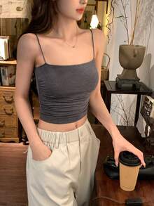 DAZY 女士舒适抹胸吊带背心，新款弹力紧身无袖打底衫，适合春季短款上衣 - 灰色 - 查看 5