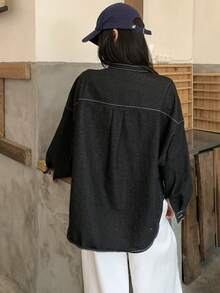 FRIFUL Women's Drop Shoulder Long Sleeve Single-Breasted Casual Denim Jacket - Black - View 7