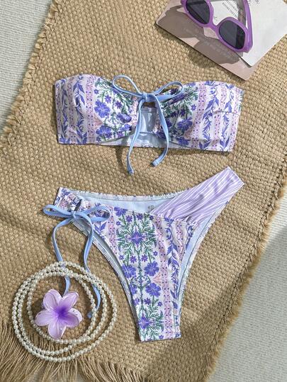 Swim Mod Women's Sweet Romantic Patchwork Ditsy Floral Drawstring Bandeau Bikini Set
