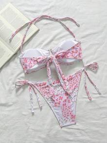 Swim Mod Women's Pink Bikini Set,2-Piece Summer Tropical Beach Holiday Outfit,Sweet Rose Floral Print Spaghetti Strap Bandeau Bikini,Vacation Daily Wear - Pink - View 2