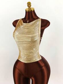 Amplova 女士金色流苏露背吊带交叉绑带流苏金色上衣，性感前卫，适合约会和派对穿着 - 金色 - 查看 6