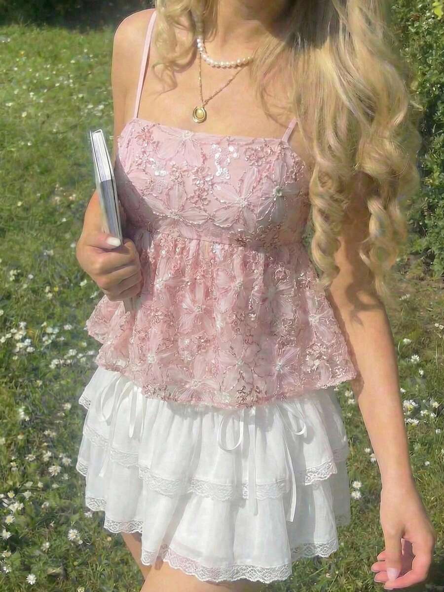 SHEIN MOD Romantic Pink 3D Embroidered Camisole Top.Pink Lace Peplum Top Floral Embroidery Delicate Straps Sweetheart Neckline Sheer Overlay Subtle Shimmer Lightweight Feel Elegant Style Feminine Silhouette Airy Texture Romantic Charm Flared Hem Intricate Pattern Gentle Drape Soft Appearance Pastel Tone Graceful Look Sculpted Bodice Sparkly Accents - Pink - View 1