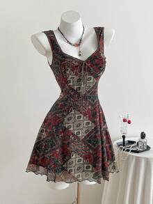 Elamini Đầm ngắn nữ kiểu vintage họa tiết hoa, thắt eo, không tay, viền bèo nhún, phong cách lãng mạn cho kỳ nghỉ biển, mùa xuân/hè. - Nhiều màu - Xem 4