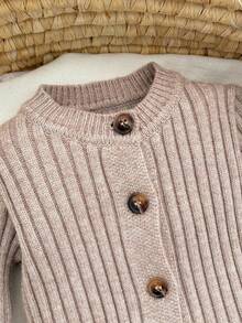 SHEIN Cozy Long Sleeve Newborn Button-Up Jumpsuit In Soft Striped Fabric Newborn Knit Outfit Boy Newborn Outfit Photoshoot Boy Neutral Newborn Baby Clothes Newborn Sweater Romper Newborn Knit Romper,In Fall/Winter - Camel - View 3