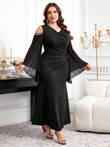 Reflora Plus Size Elegant Faux Pearl Decor Off-Shoulder Ruched Fishtail Hem Dress, Autumn - Black - View 5