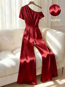 Franclia Women's Elegant Smooth Satin One-Shoulder Gathered Waist Red Jumpsuit, Stylish Jumpsuit, Women's Summer Outfit, Summer Vacation Outfit, Red Jumpsuit, Wide-Leg Jumpsuit, Off-Shoulder Jumpsuit, Casual Jumpsuit, Satin Jumpsuit, Women's Red Jumpsuit, Women's Casual Outfit, Summer Vacation Outfit, Women's Elegant Jumpsuit.Fashionable Casual Commuter Wear, Business Office Wear, Versatile And Stylish Everyday Casual Wear, Urban Teacher's Professional Attire - Red - View 4