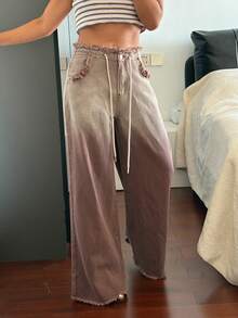 Livesso Frayed Ombre Lace-Up Casual Women Jeans - Brown - View 4