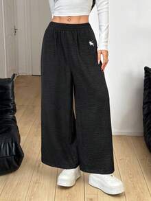 SHEIN PETITE 女士刺绣弹力腰阔腿休闲印花裤，春夏款 - 黑色 - 查看 7