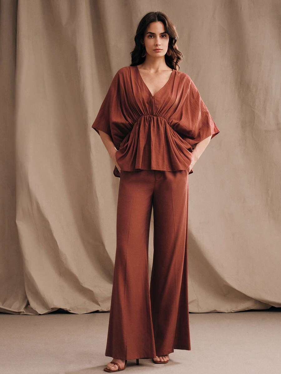 Anewsta Quần ống rộng dáng suông nhẹ, màu gỗ đỏ, thoải mái và tôn dáng, thích hợp cho mùa xuân/hè. - Gỗ đỏ - Xem 1