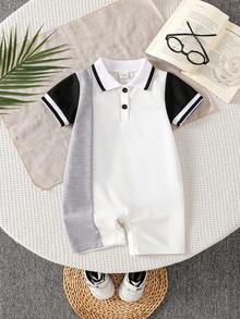 SHEIN 幼儿男童休闲撞色 Polo 领短袖连体衣，适合春夏外出和日常穿着 - 白色 - 查看 3
