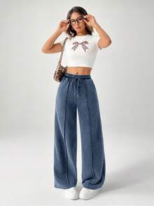 SHEIN PETITE Pantalones de chándal de pierna ancha con cordón para mujer con efecto desteñido - Azul Marino - Ver 5