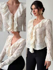 Firerie Blouse évasée à manches évasées avec col Mao, garniture à volants et texture jacquard pour femmes, style vintage élégant, couleur abricot - Nude - Voir 2