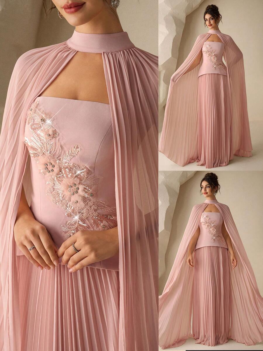 Coutiva Vestido ajustado bordado de alta gama, estilo elegante de dama - Rosa - Ver 1