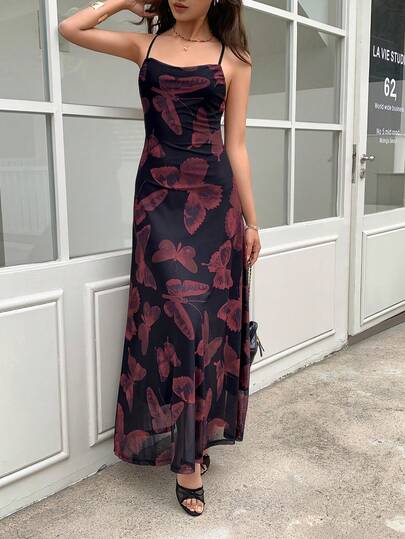 EastFlair Women's Chinese Style Butterfly Print Mesh Slip Dress