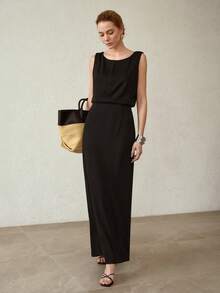 MOTF PREMIUM VESTIDO LARGO DE CUELLO REDONDO Y CINTURA ESBELTA - Negro - Ver 6