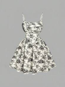 SHEIN MOD Váy hai dây thắt eo in hoa dành cho nữ cỡ lớn, thích hợp cho kỳ nghỉ hè. - Đen và trắng - Xem 1