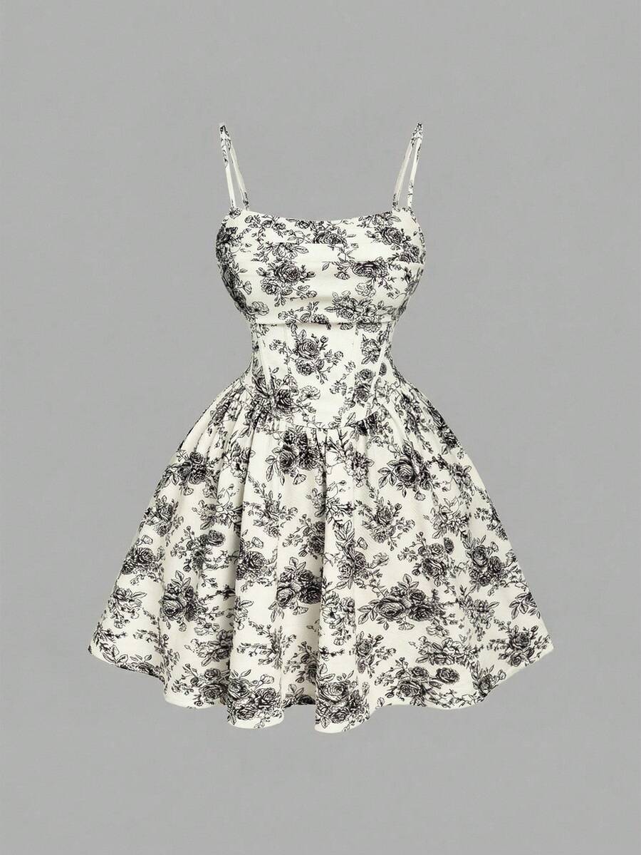 SHEIN MOD Váy hai dây thắt eo in hoa dành cho nữ cỡ lớn, thích hợp cho kỳ nghỉ hè. - Đen và trắng - Xem 1