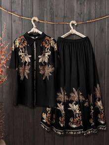 SHEIN 大码热带印花衬衫和裙子两件套，休闲度假装 - 黑色 - 查看 1